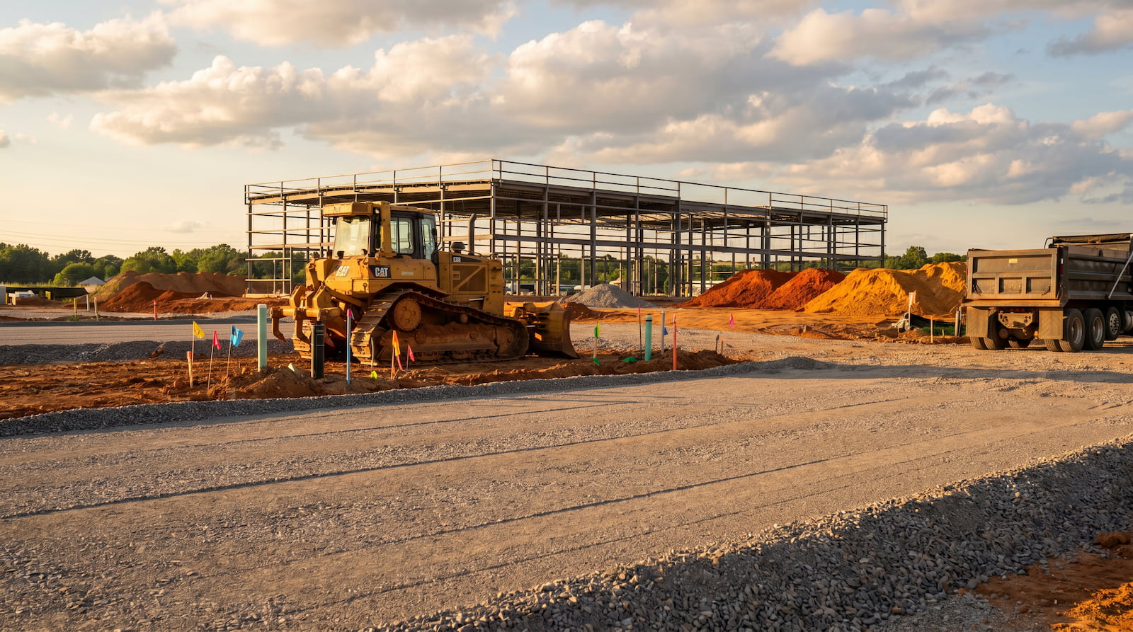 CAT bulldozer with red-dirt blade on a commercial site work project