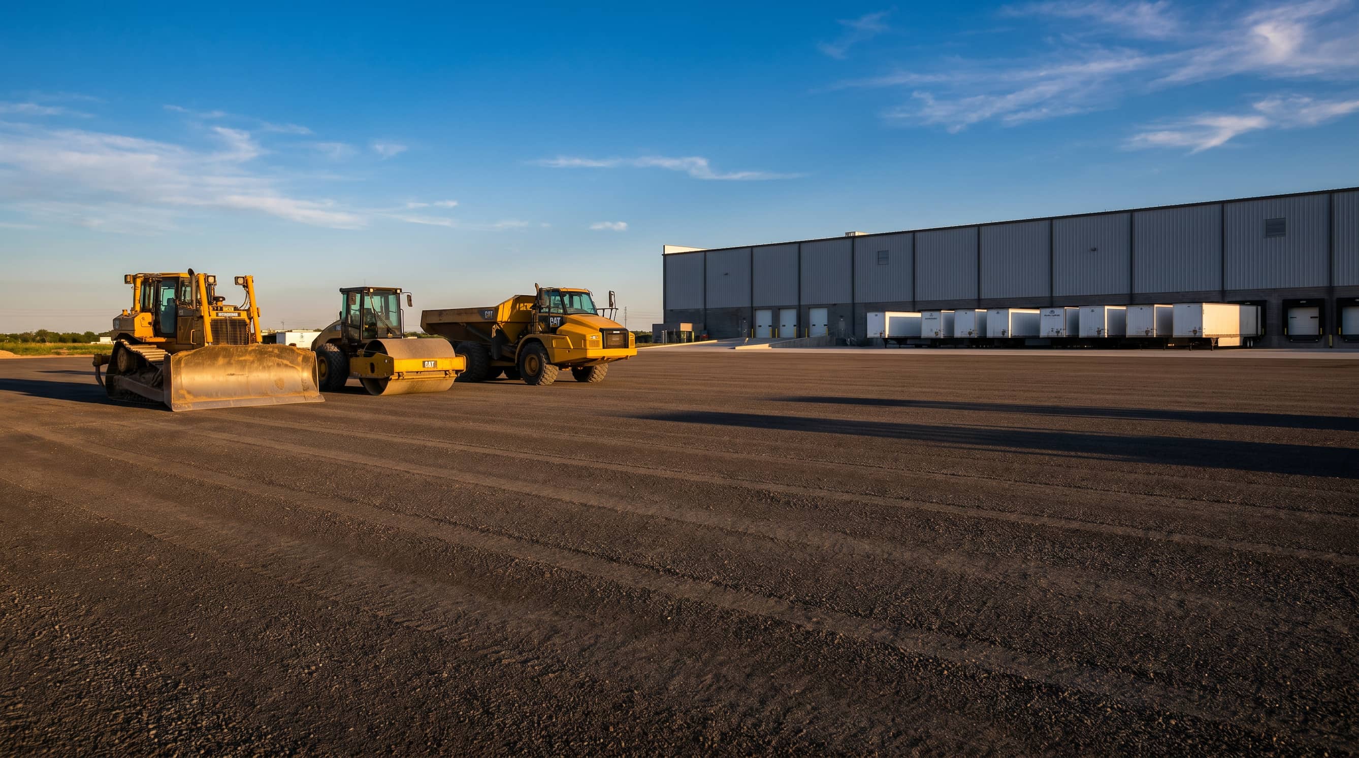 Oxen Civil equipment fleet staged for an industrial pad and logistics project