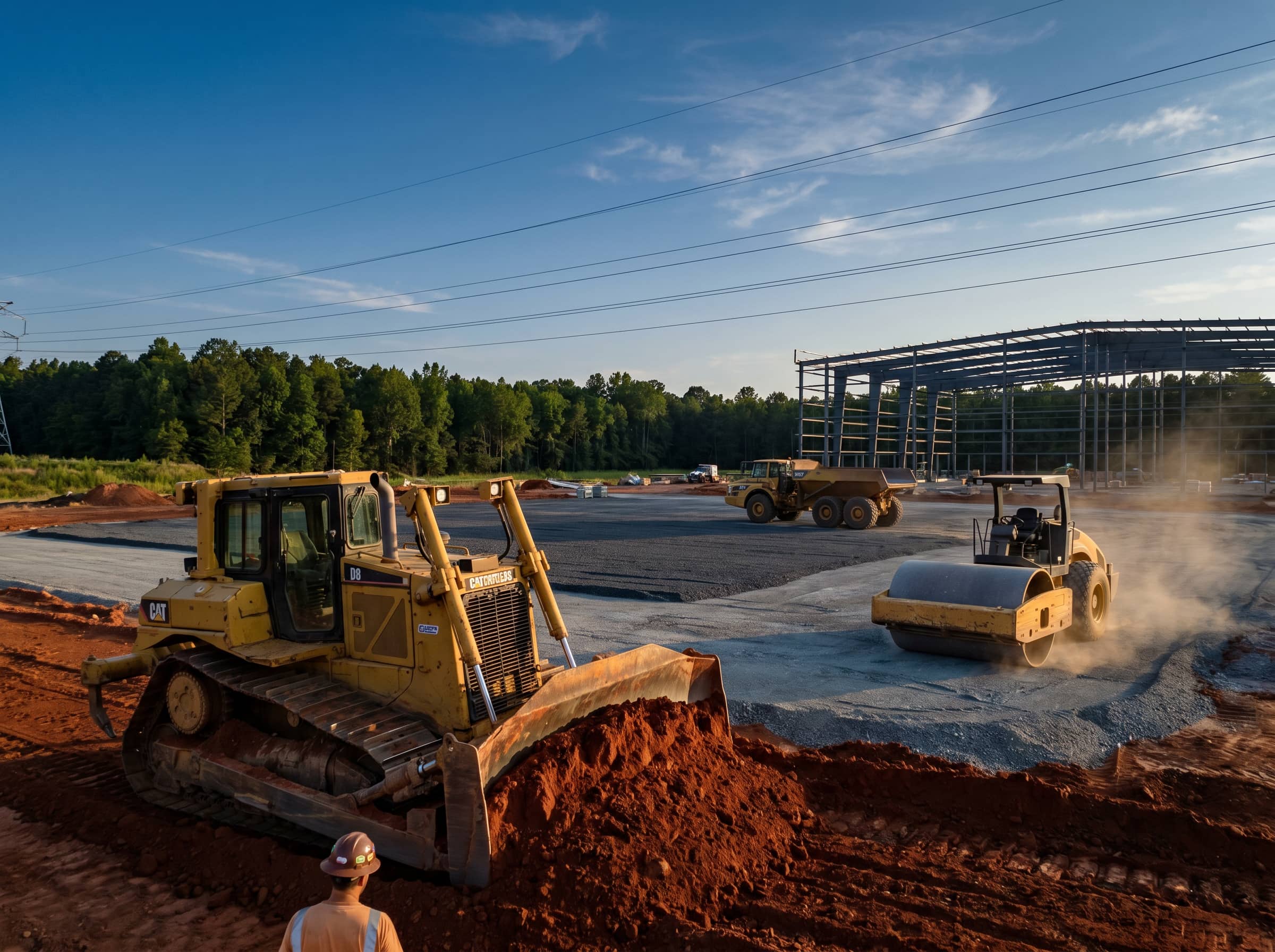 Oxen Civil crews actively grading a commercial site with dozers and articulated haul trucks